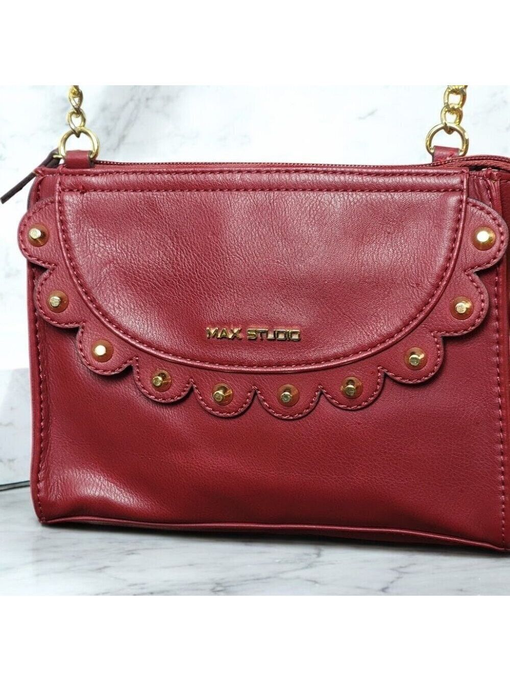 Max Studio Leather Crossbody Purse - Chain/Leather Strap - Rivet Details on Flap